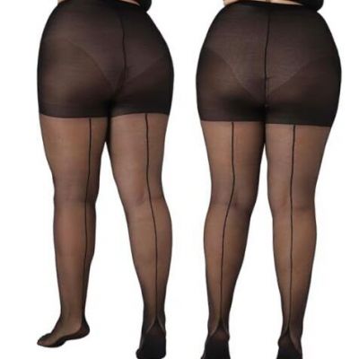 2 Pairs Women's Plus Size Backseam 20D Sheer Tights, 5X-Large-6X-Large Black*2